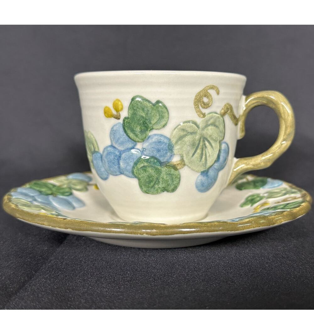 METLOX Poppy Trail Sculptured Blue Grape Vintage Cup and Saucer Set